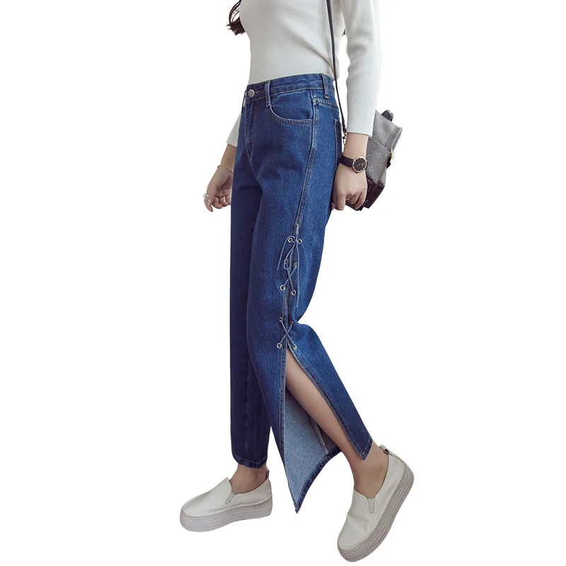 

Women's Wide Leg Pants High Waist Flare Jeans New2019 Women's Navy Blue Irregular Denim Elastic Waist Pants Women's Jeans Trouse