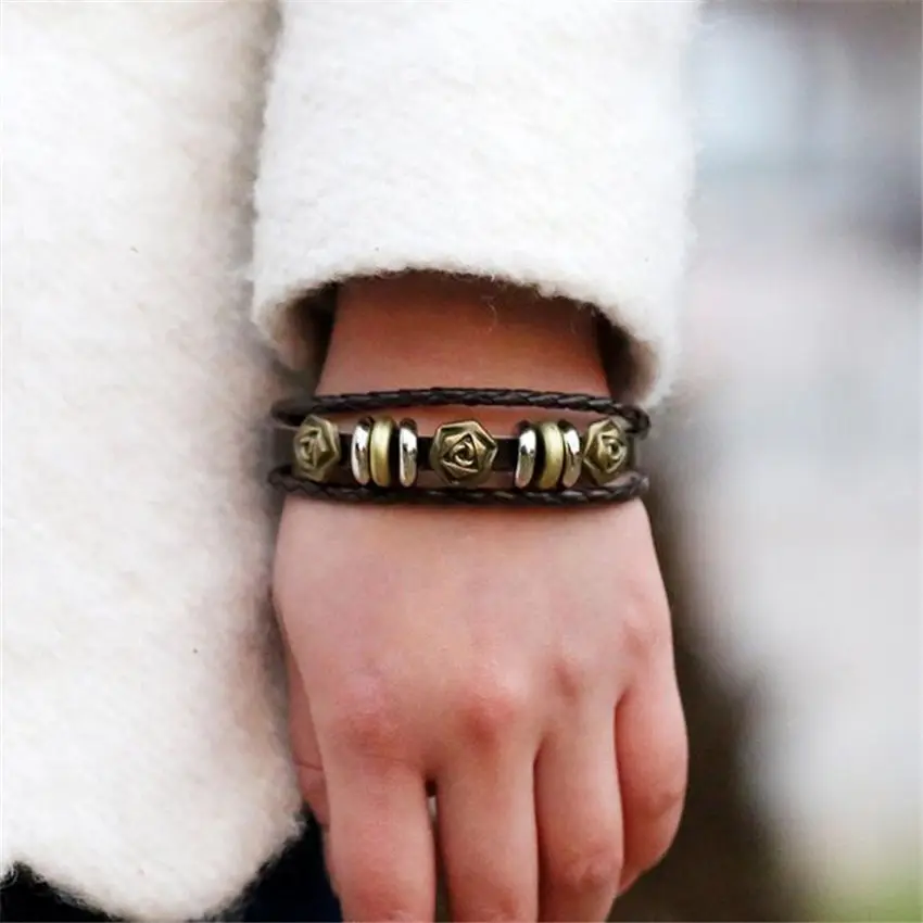 Тройной золотой розовый амулеты Плетеный темно коричневый кожаный браслет для