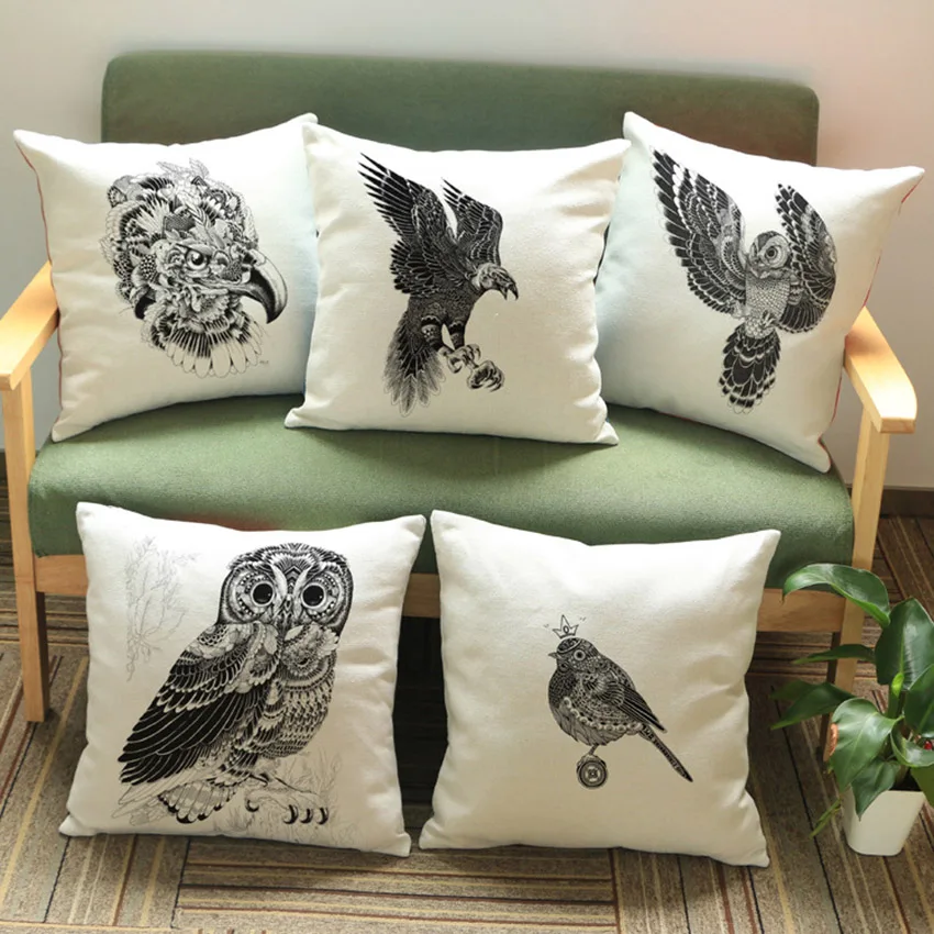 Eagle Pillows Home Decor Black Sketch Tatoo Stylish Birds Nightowl Hawk Swan Cushion Cover High Quality Sofa Pillow Case 45x45cm | Дом и сад