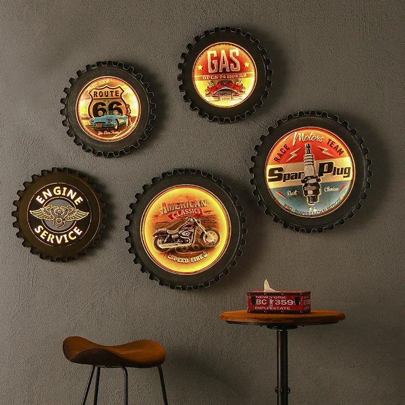 Iron Gear with LED Light Novelty Remote Control Vintage Gear Hanging Restaurant Cafe Shop Decor Home Living Room Wall Decoration