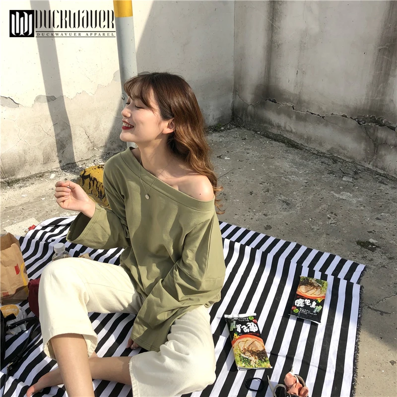 Duckwaver 2019 новый стиль модная женская Однотонная футболка с вырезом лодочкой рукав