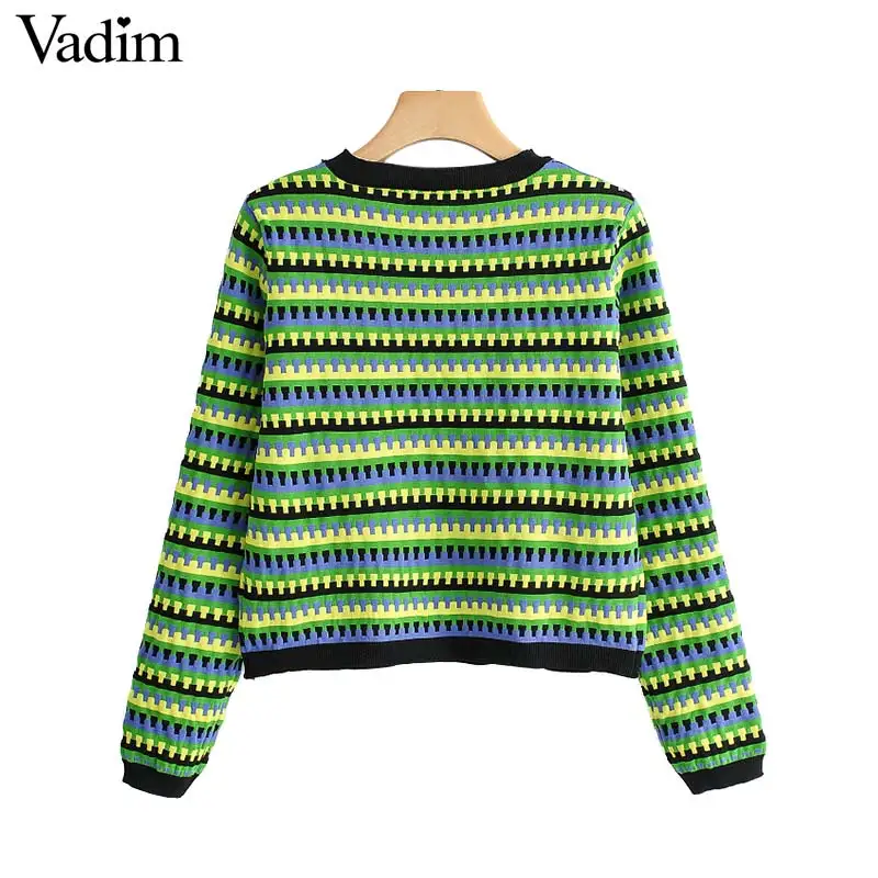Vadim women basic striped knitted sweater short style long sleeve female casual stretchy pullovers vintage O neck tops HA373 | Женская