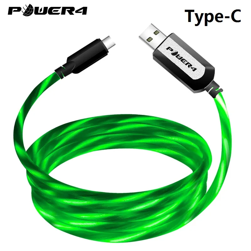 Power4 USB кабель для iPhone со светящимся светодиодный шнур для зарядки USB-C для Lightning Apple светодиодный Micro USB кабель для Android - Цвет: Type C--Green