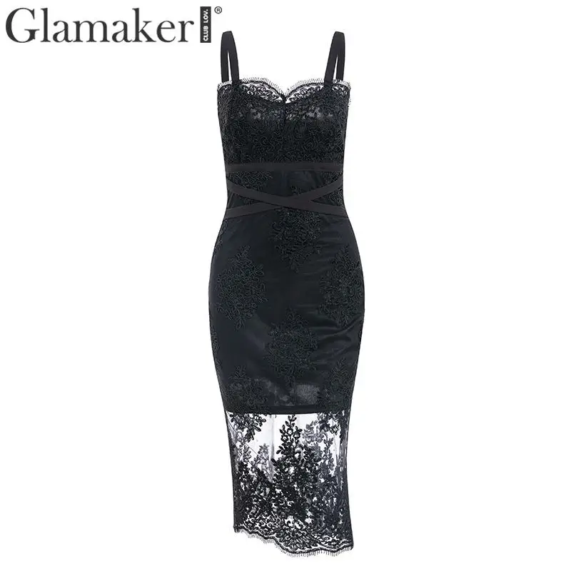 Черный Glamaker, сексуальный сетчатый прозрачный сарафан с вышивкой, женское элегантное белое вечернее платье, летнее облегающее платье с высокой талией, платья без рукавов - Цвет: Черный