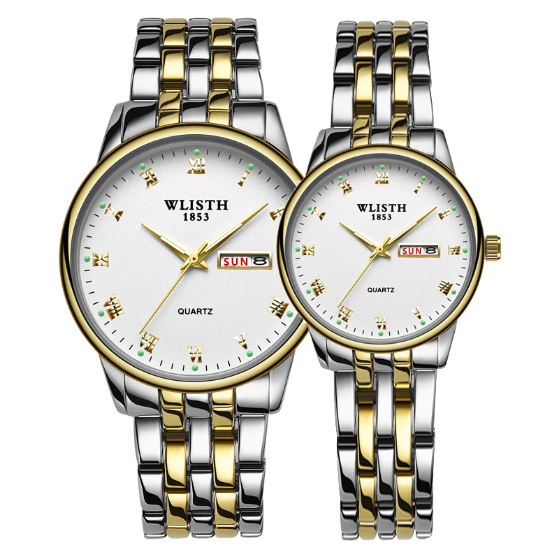 1 Pair Gold White 1 пара часов Часы из нержавеющей стали часы с датой недели светящиеся модные часы для влюбленных Подарочная коробка кварцевые наручные часы для мужчин и женщин - Цвет: 1 Pair Gold White