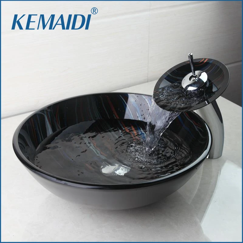 

KEMAIDI Combo Set Counter Top Mixer Round Taps Sink Faucet Vessel Drain Bathroom Sink Vanity Waterfall Spout Chrome Bath Set