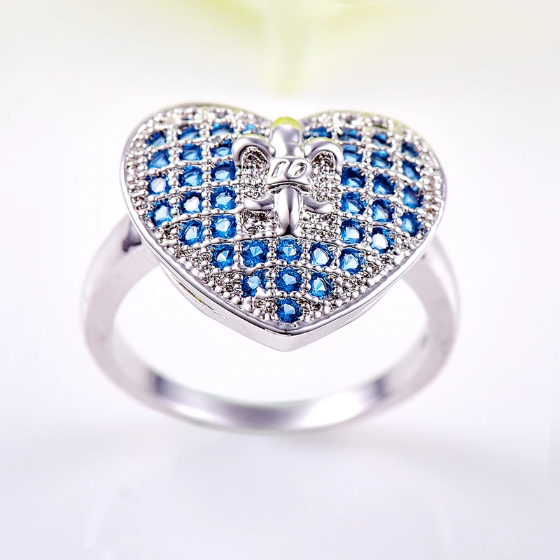 Высокое качество сердце серебряное кольцо синий AAA + Кубического Циркония