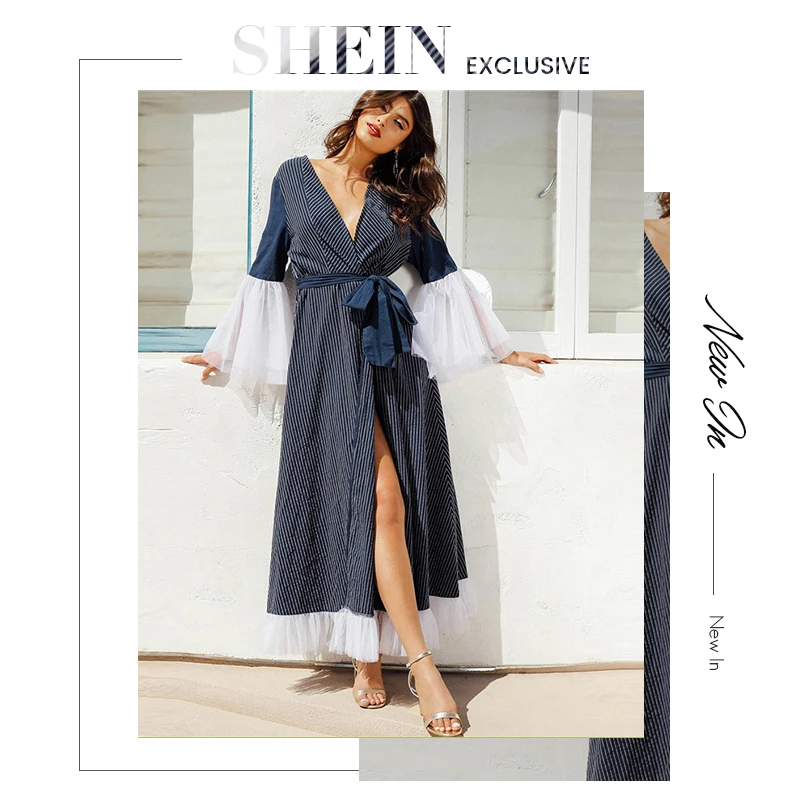 SHEIN контрастное Сетчатое платье-хиджаб Maxi с вырезом в полоску с поясом темно-синее элегантное платье с глубоким v-образным вырезом и длинным рукавом женское длинное платье