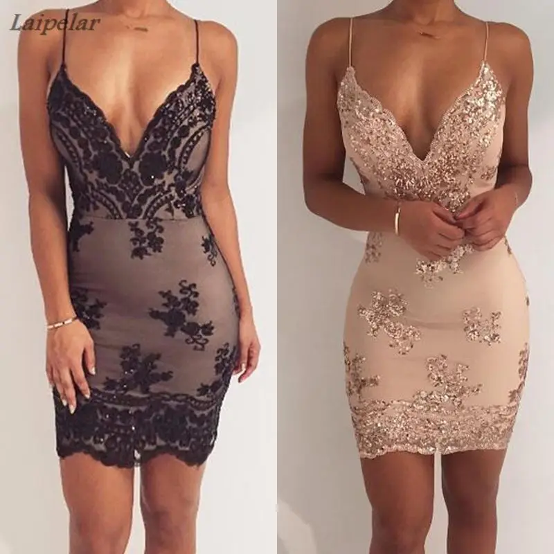 

Laipelar Sexy Sundress Luxury Party Club Dresses Charming V-neck Backless Mini Women Dress Fashion Gold Black Sequin Dresses