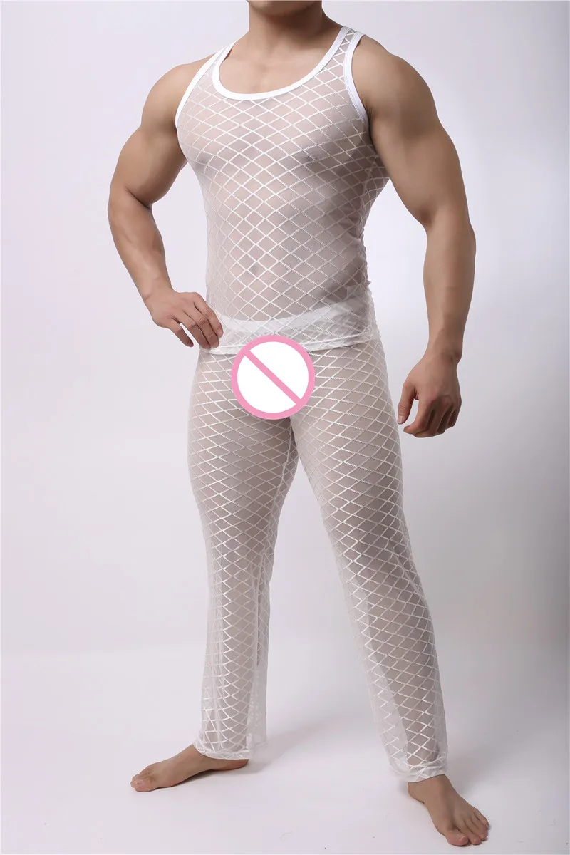 Men Fishnet Long Johns Scale High Elastic Body Shaper Tight Top Pants Fitness Bodybuilding Base layers Clothing set Long Johns