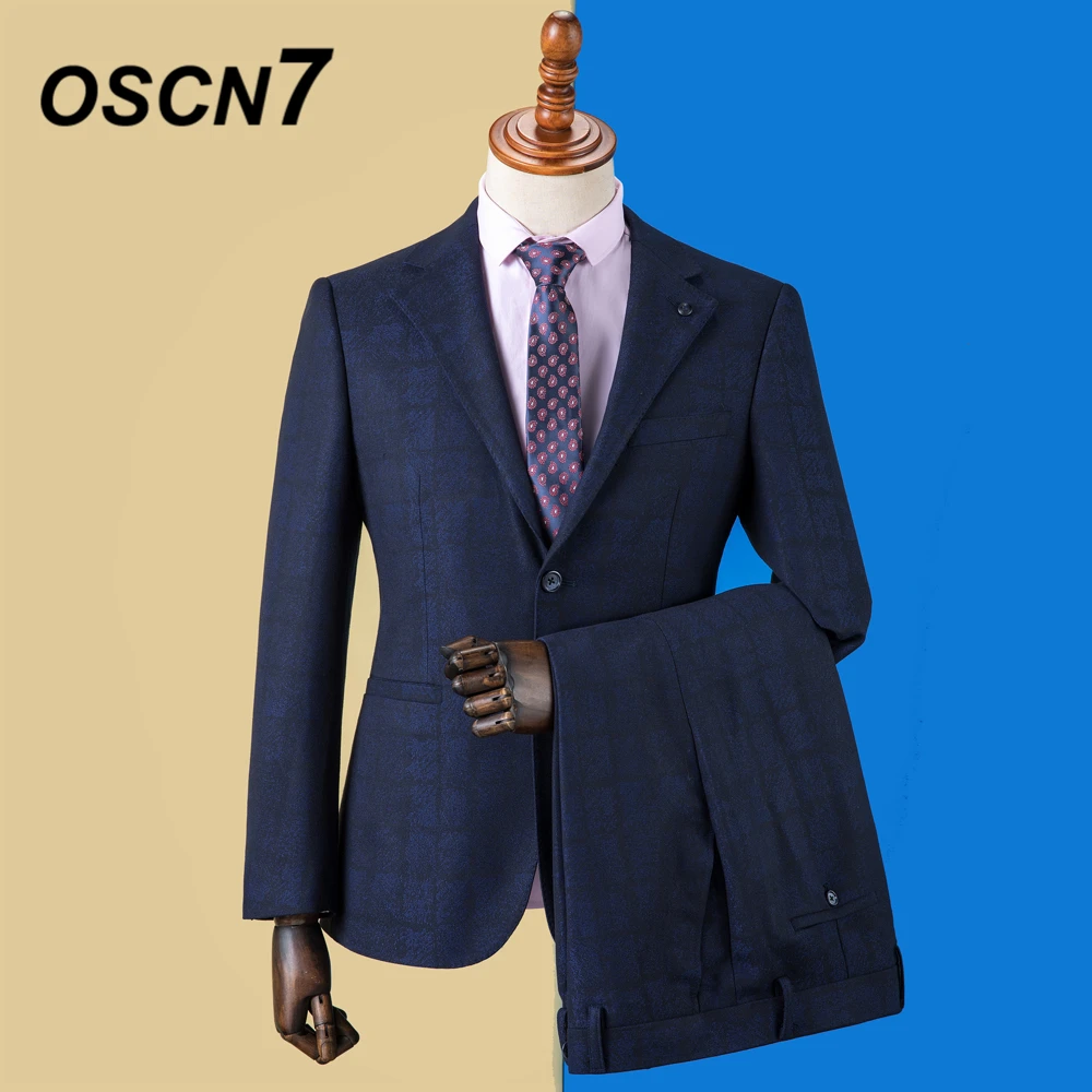 OSCN7 синий плед Костюмы Под заказ Для мужчин Slim Fit Свадебная вечеринка s