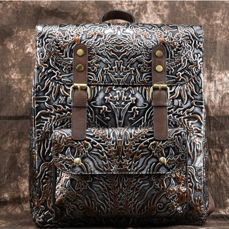 Мужской и женский рюкзак из натуральной кожи с тиснением винтажный большой