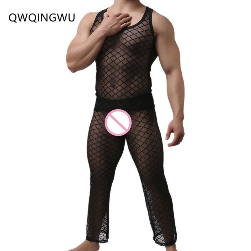 Men Fishnet Long Johns Scale High Elastic Body Shaper Tight Top Pants Fitness Bodybuilding Base layers Clothing set Long Johns