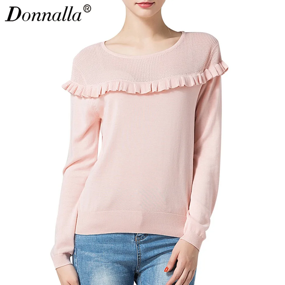 Donnalla Autumn Off Shoulder Knitted Sweaters Women Ruffles Long Sleeve Bodycon Sweater Tops Ladies Solid Pullovers | Женская одежда