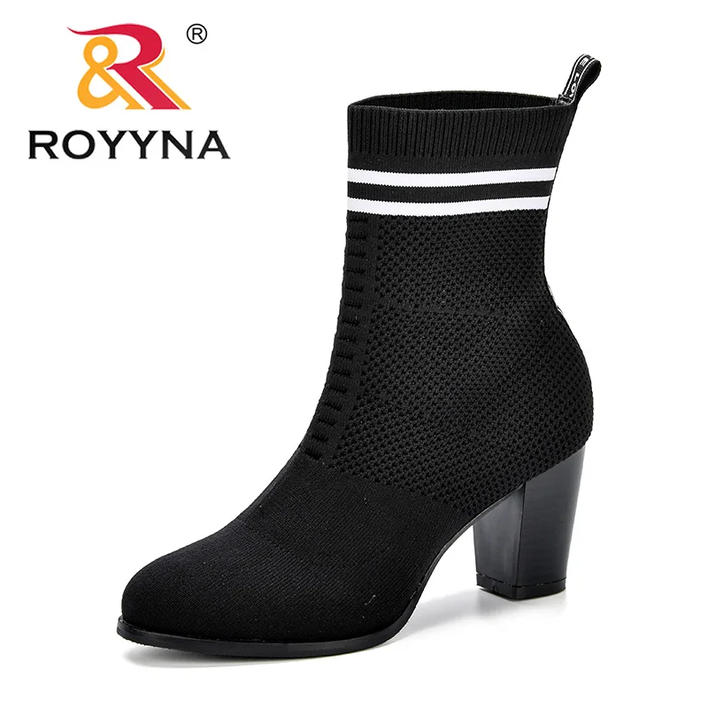 ROYYNA/Новые осенние женские сапоги с круглым носком, эластичные вязаные сапоги без шнуровки, сапоги до середины икры на высоком каблуке, женские туфли-лодочки на шпильке