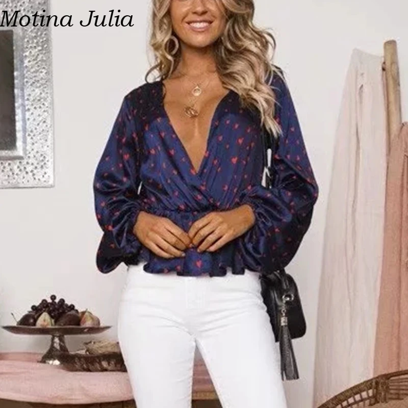 Motina Julia/стильная блузка с v образным вырезом и принтом в виде сердца женские