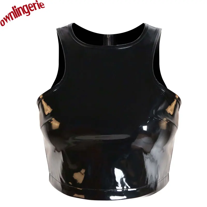 

Crop Top Free Shipping Cheap Women Short Style Clubwear Croptops Zip Back PVC Tank Tops Wetlook Pu Tube Fetish leather Top