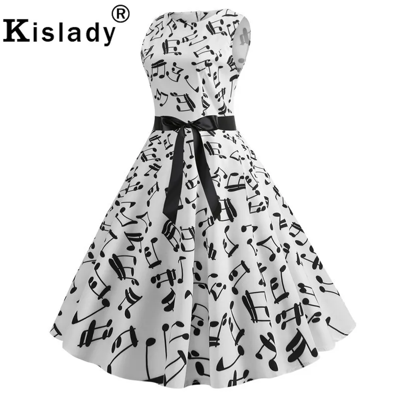 Summer Women's Butterfly Music Note Print Vintage Dress Striped Sleeveless Swing Black Casual Plus Size Vertidos | Женская одежда