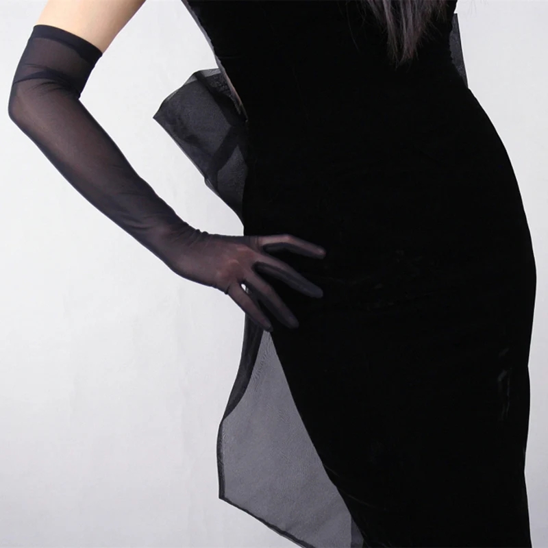 

Hot Sale Women'S Elastic Bud Silk Gauze Gloves Seasons Ultra-Thin Long Paragraph Black Retro Touch Screen TB11