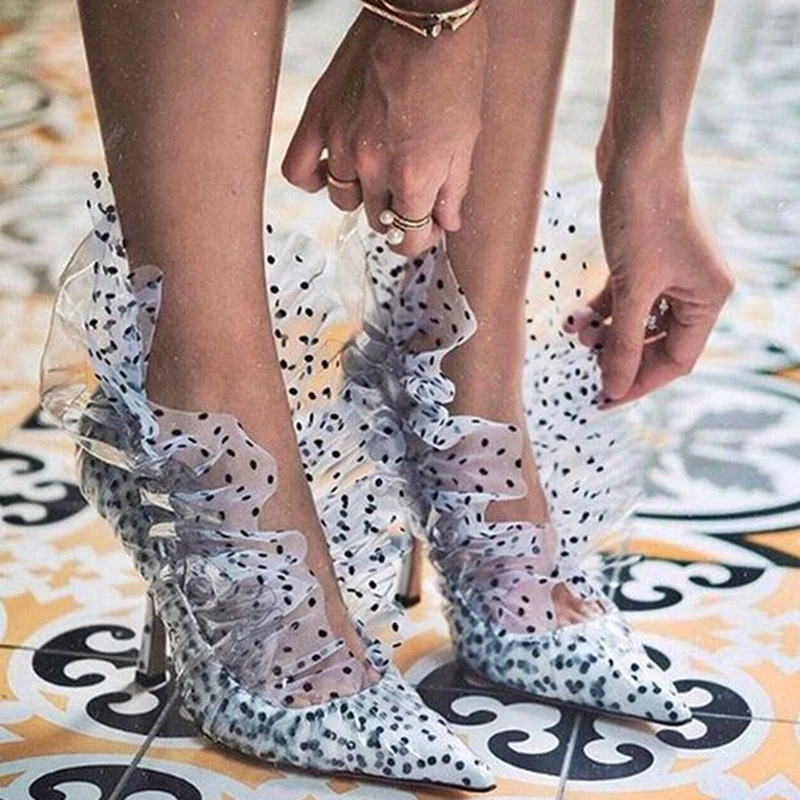 Женские милые туфли лодочки в горошек из пвх и сетчатой ткани с острым носком