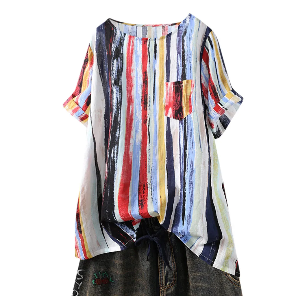 Синий Boho, короткий рукав, блузка размера плюс, женская, лето, граффити, радуга, Полоска, рисунок, рубашка, Повседневная, о-образный вырез, льняная блузка, карман, топы - Цвет: Синий