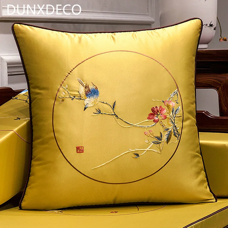 DUNXDECO наволочка для подушки, декоративная наволочка, винтажный Китайский традиционный круглый зеркальный чехол с изображением птиц и флоры, роскошная художественная вышивка