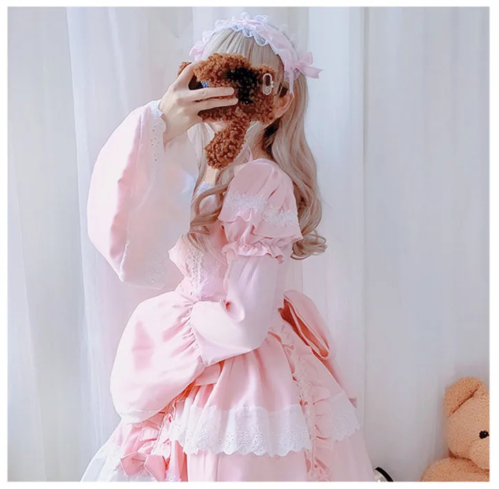 Harajuku ретро АО Милая Кружевная отделка платье с бантом японская Сладкая Лолита Фея Высокая талия Kawaii Девушка Клубника печати подтяжки платье