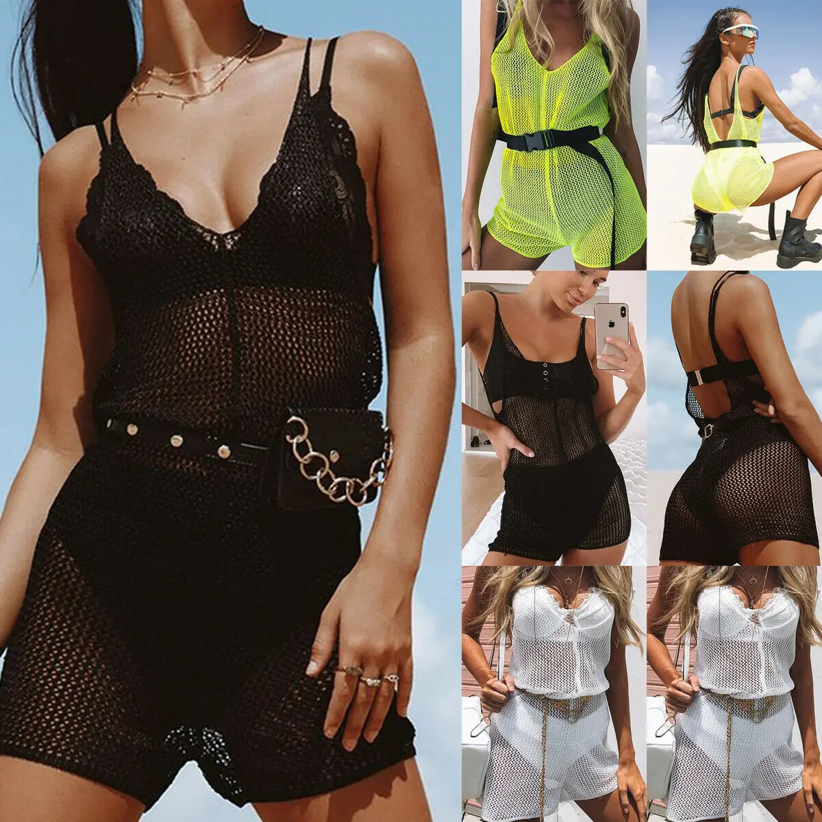 Womens Fishnet Jumpsuit See Through Mesh Sleeveless Backless Short Trousers Playsuit Rompers Party Club Beach Clothing | Женская одежда