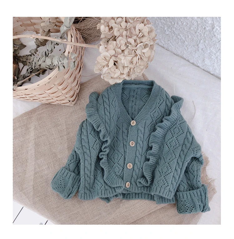 Весенне-осенний Однорядный кружевной свитер на пуговицах для девочек Детский кардиган, хлопковая куртка с длинными рукавами вязаные свитера, пальто, одежда