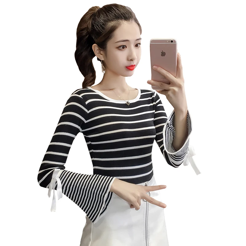 Fashion Women Sweater Knitted Top Striped Flare Long Sleeve Casual Slim Autumn Clothing Elegant Pullovers | Женская одежда