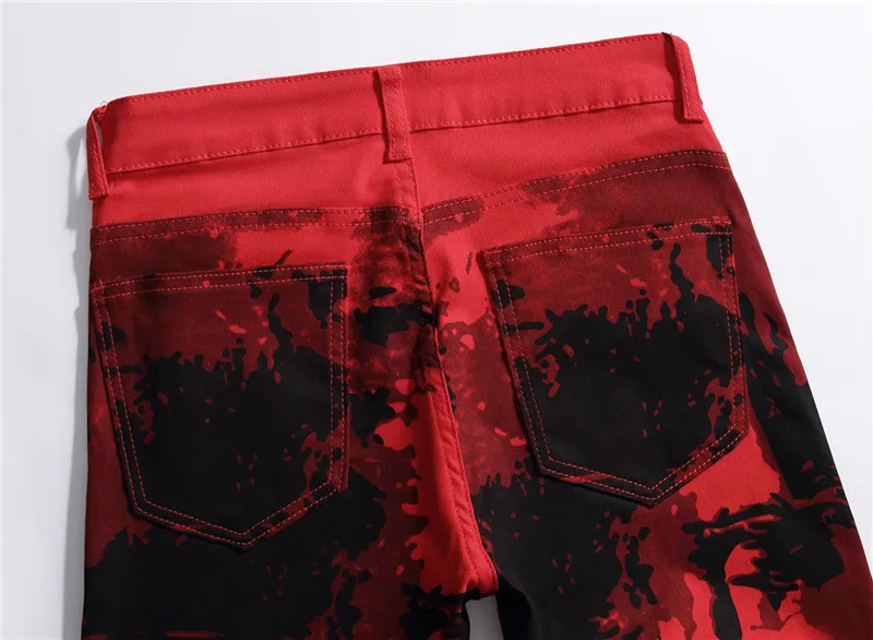 Джинсы мужские с принтом красные обтягивающие легкие Стрейчевые повседневные