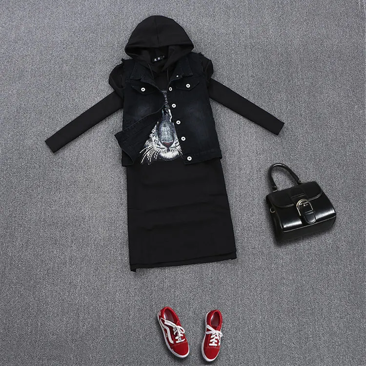 European station women's suit autumn new denim temperament sequins cartoon vest hooded shirt. | Женская одежда