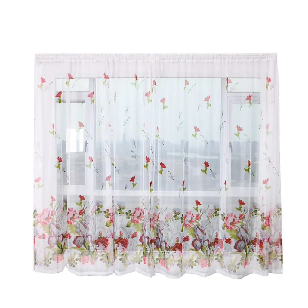 2pcs Peony Flower Print Curtain Tulle Window Treatment Drape Valance Simple Curtain Wear Rod Model 100x200cm L703