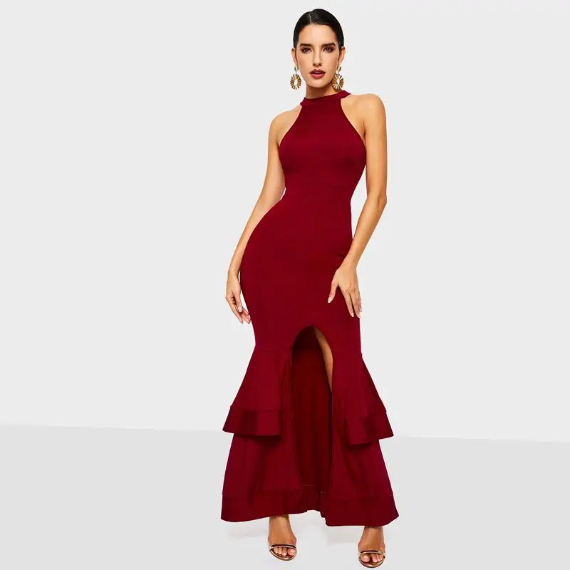 Sexy Party Bodycon Dress Elegant Blue Long Mermaid Evening Women Sleeveless Split Summer 2019 Ladies Black Halter Maxi Dresses | Женская