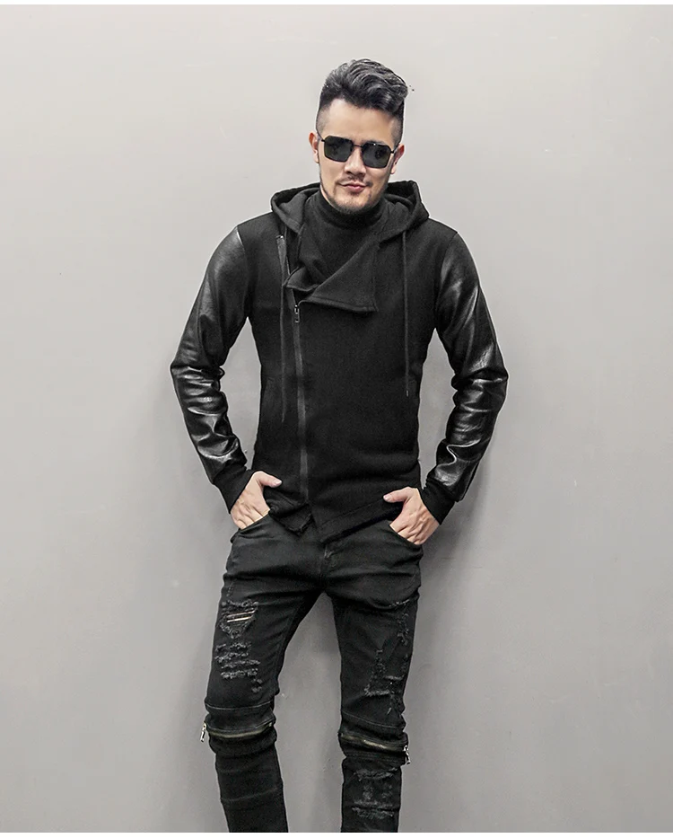 Мужские новые зимние европейские Стильные черные кожаные рукава Повседневные хлопковые Толстовки метросексуал мужские тонкие модные толстовки на молнии F8203