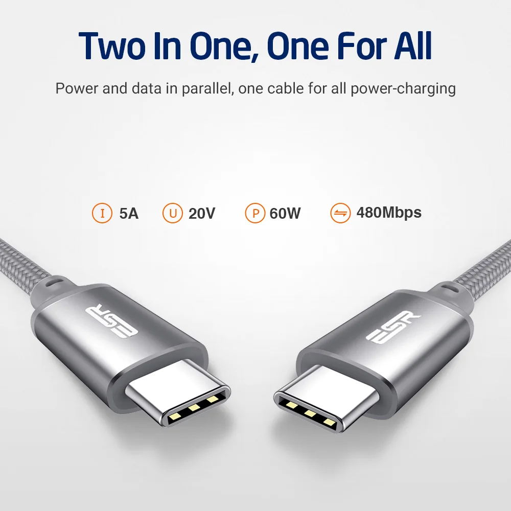 USB-C-USB-C кабель USB 2,0, ESR 2 шт. в упаковке, синхронизация данных, быстрая зарядка 2 м, кабель type C-type C для MacBook, samsung S8, LG G6
