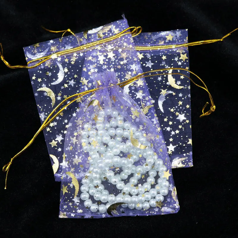 Purple 50 шт. 10 цветов, сумка для ювелирных изделий 7x9 9X12 см, свадебный подарок, Сумка из органзы с изображением звезды и Луны, упаковка для ювелирных изделий, упаковка для показа и сумки для ювелирных изделий - Цвет: Purple