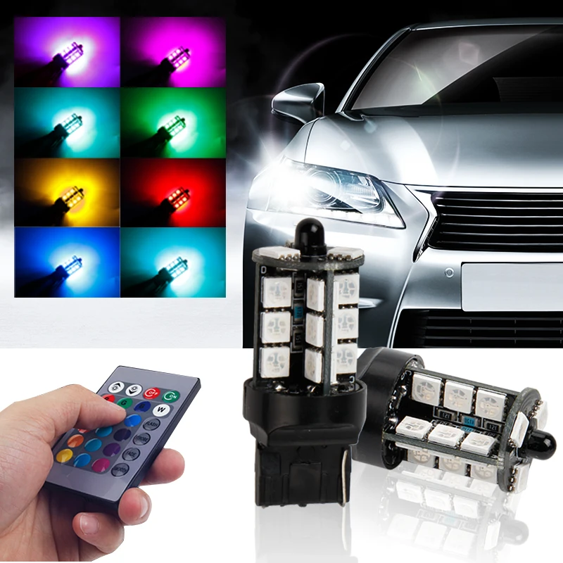 

2 шт., автомобильные светодиодсветодиодный лампы RGB T20 7440 с пультом дистанционного управления
