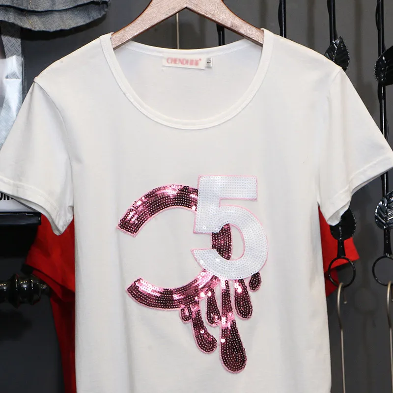 Donna fashion, новинка, летняя Женская свободная футболка, расшитая блестками, буквенный принт, короткий рукав, повседневная, размера плюс, белая футболка C1078