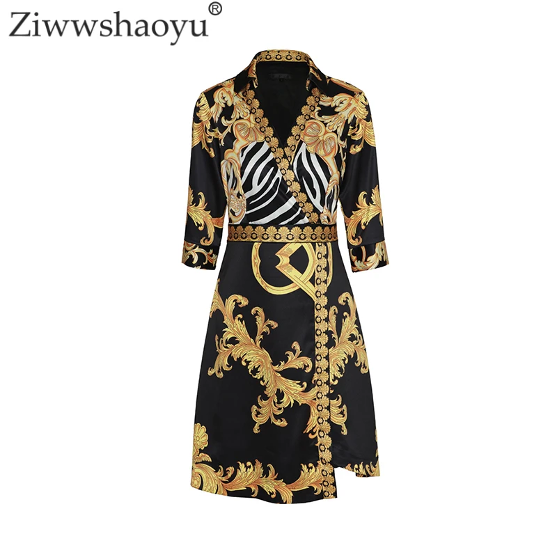 Ziwwshaoyu, летнее дизайнерское платье для женщин, отложной воротник, рукав 3/4, Королевский барочный принт, винтажное платье размера плюс 2XL