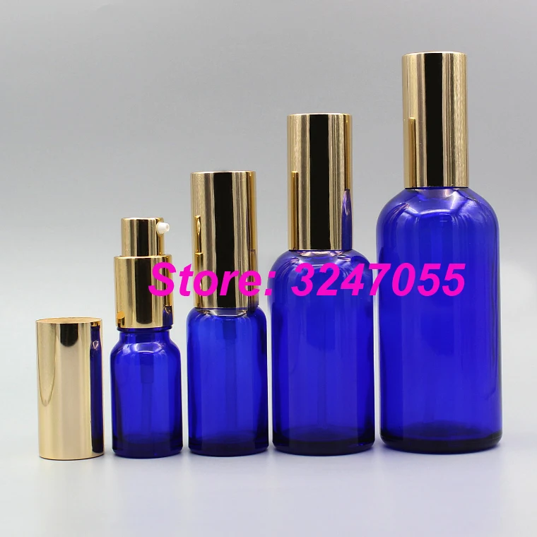 

5ml10ml15ml20ml30ml50ml100ml Portable Professional Cosmetic Emulsion Bottle with Gold Cap, Glass Travel Lotion Pump Blue Bottle