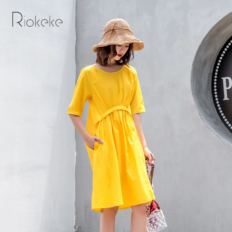 Riokeke манго желтое свободное женское платье летние женские платья 2018 с коротким