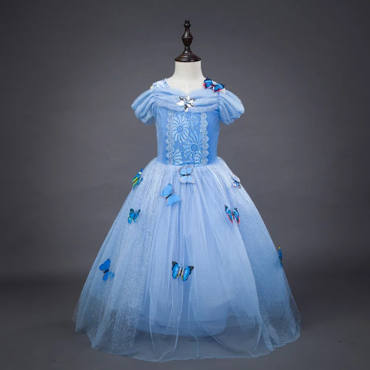 Christmas Girls Dress Long A-line Cute Princess Short Sleeve Blue With Appliques Butterfly Evening Dresses | Детская одежда и