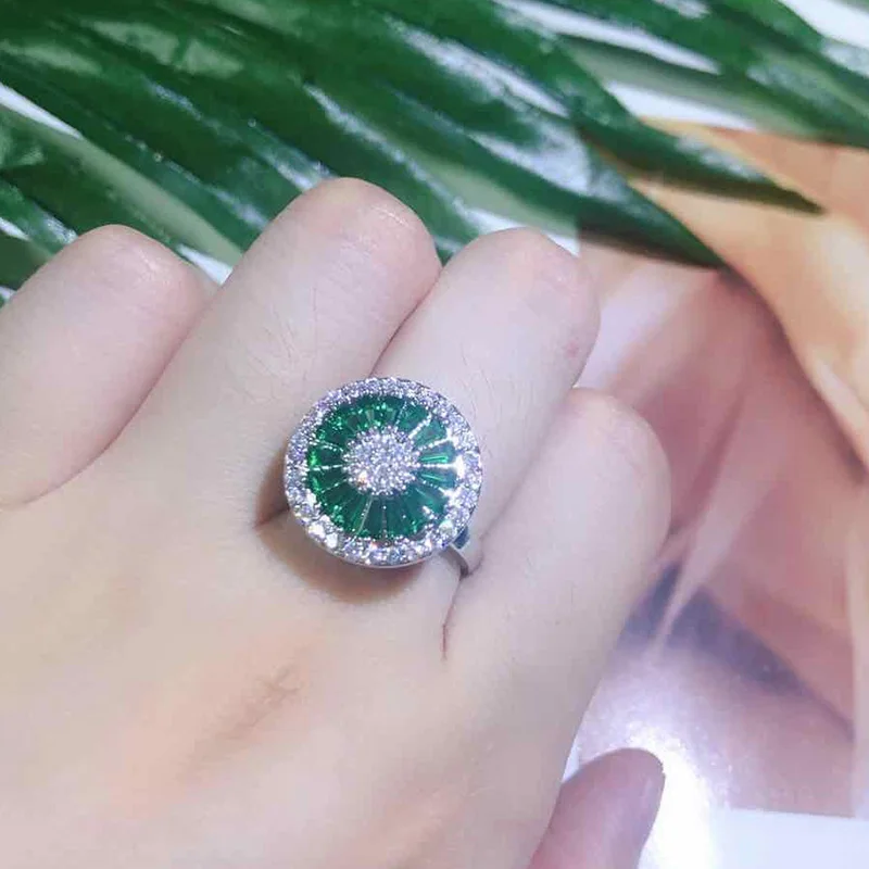 Green Ring Высокое качество, обручальное кольцо круглой формы, установка канала, блестящая стрела и сердце, кубический циркон, роскошные большие кольца для женщин CFSRP2037E - Цвет основного камня: Green Ring