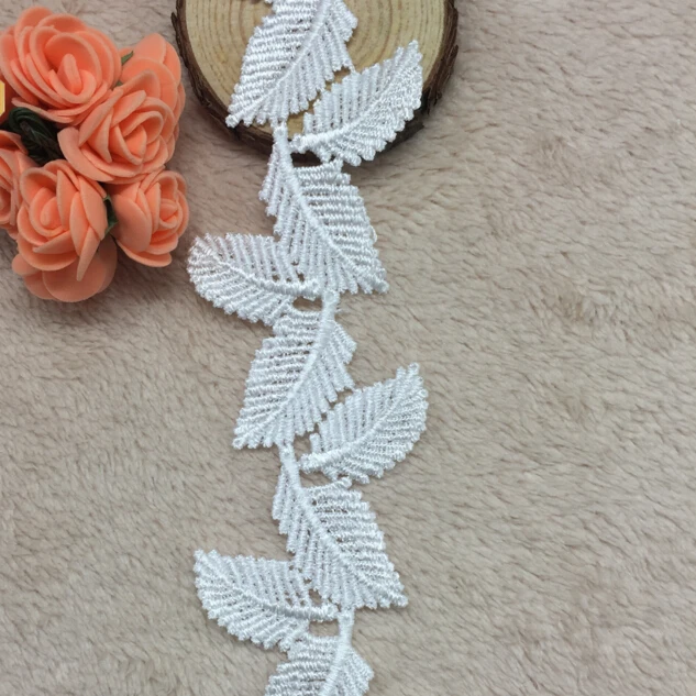 

15Yds High Quality White African Lace Fabrics DIY Garment Accessories Wedding Lace Trimming Black Leaves Appliques Sewing Crafs