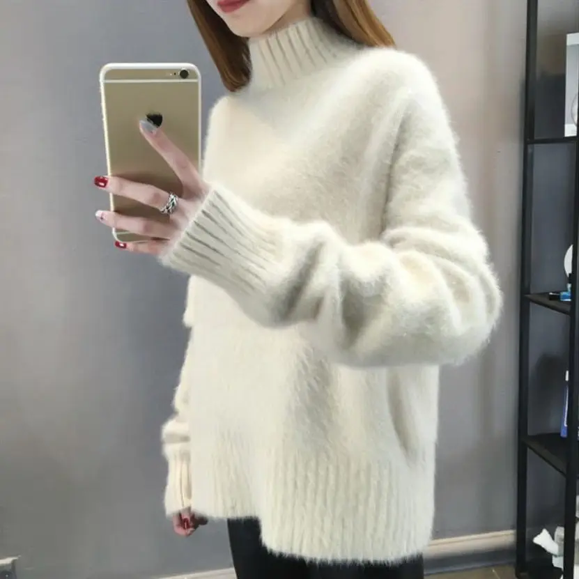 

Autumn And Winter Women's Half-Necked Solid Color Sweater Bottoming Shirt Loose Hood Loose Pullover Shirt Tide