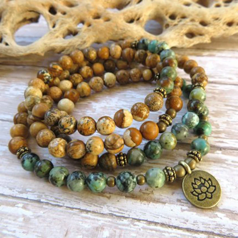108 mala beads браслет Lotus Yoga Штабелируемый индийский камень и Африканский T urquoise из