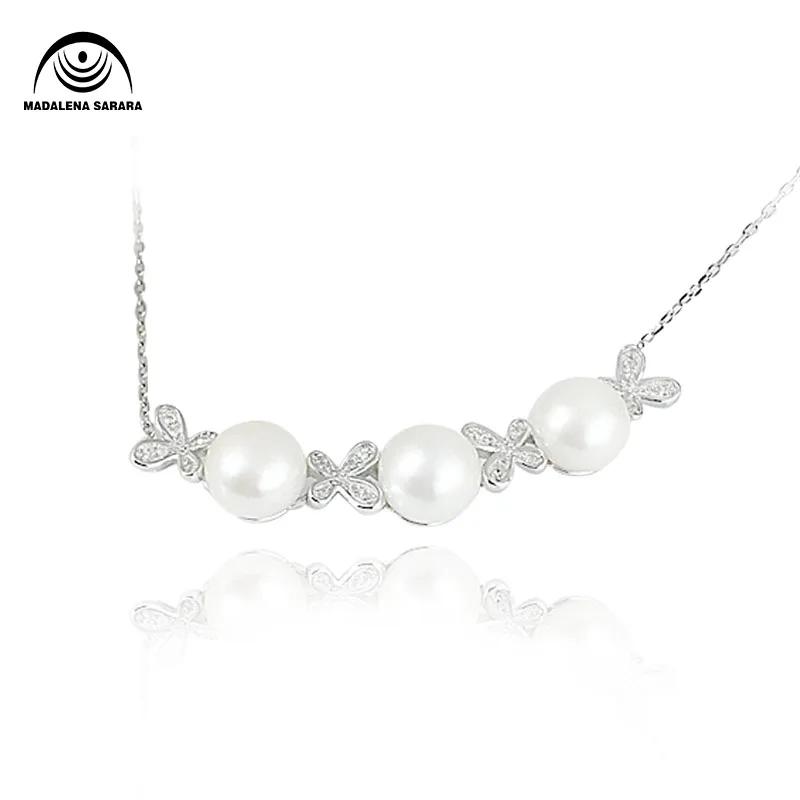 

MADALENA SARARA S925 AAA Freshwater Pearl Inlaid Pendant Sterling Silver Chain Necklace AAAA Zircon Inlaid Three Pearls Style