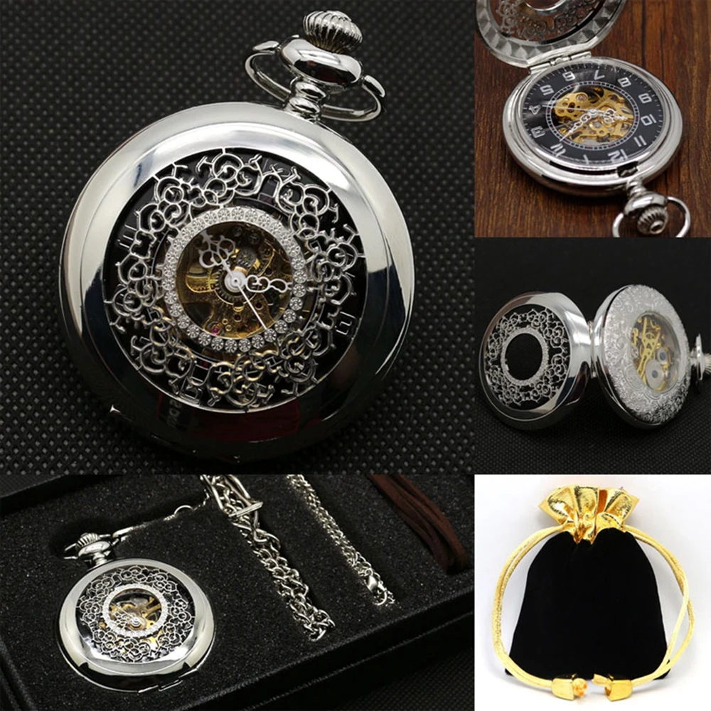 Antique Gift Set Skeleton Steampunk Mechaical Pocket Watch Hollow Carving Flower Pattern Pendant Clock + Gift Box Bag