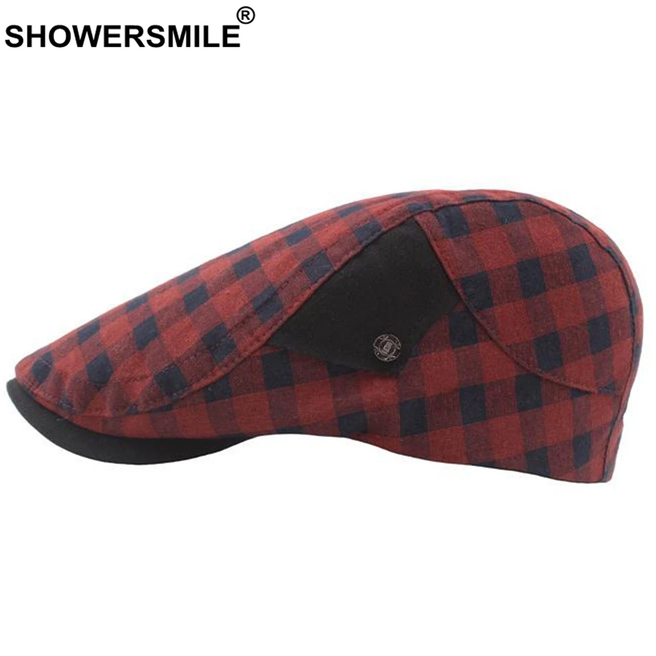 SHOWERSMILE, красные клетчатые береты для женщин, хлопковая дышащая шапка из плюща утконоса, Мужская Новая летняя Регулируемая винтажная плоская кепка в британском стиле